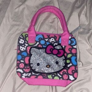 Hello Kitty Pink Glitter Face Mini Tote with Multicolor Bow Print